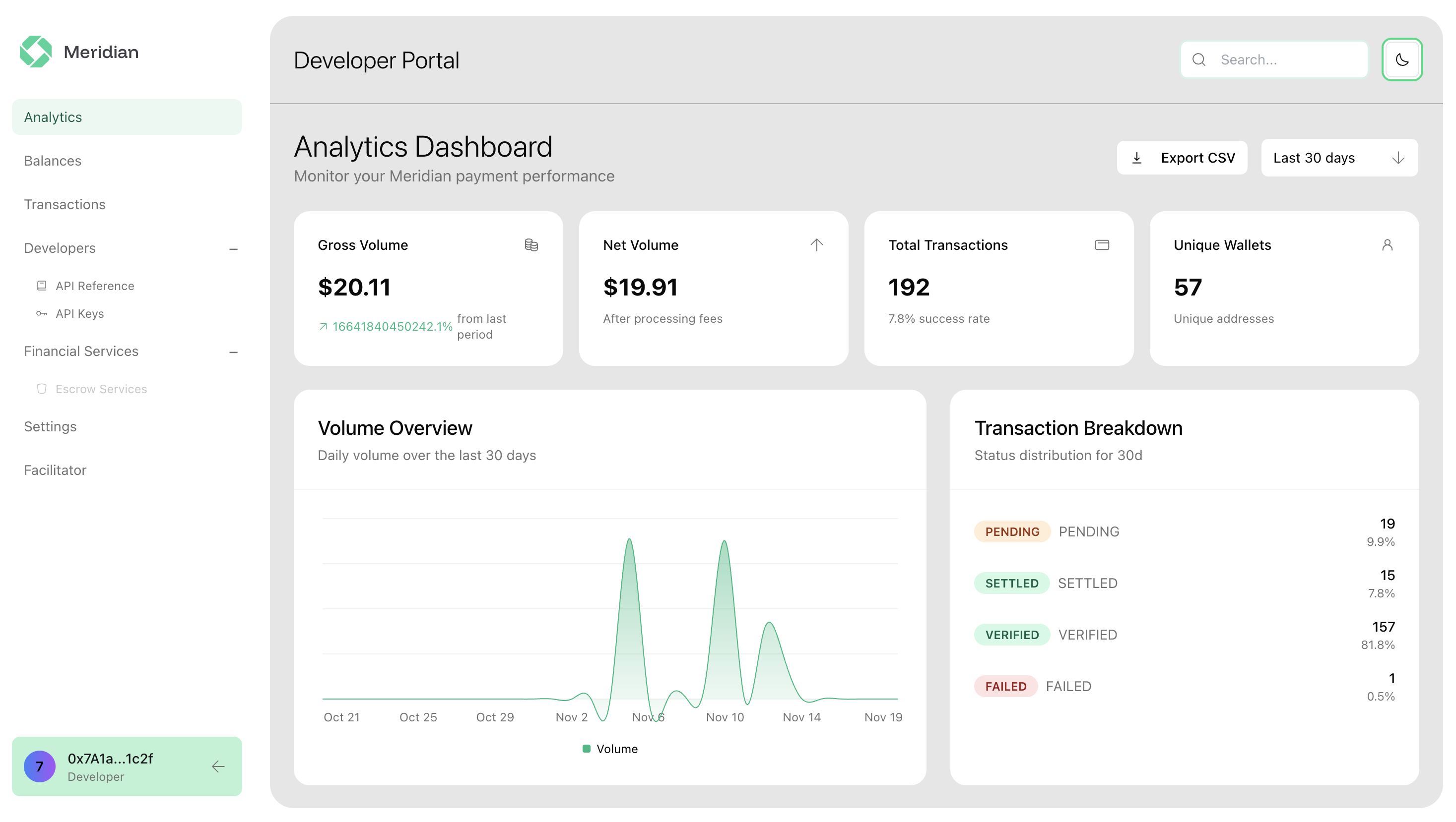 Meridian Developer Portal - Dashboard Interface