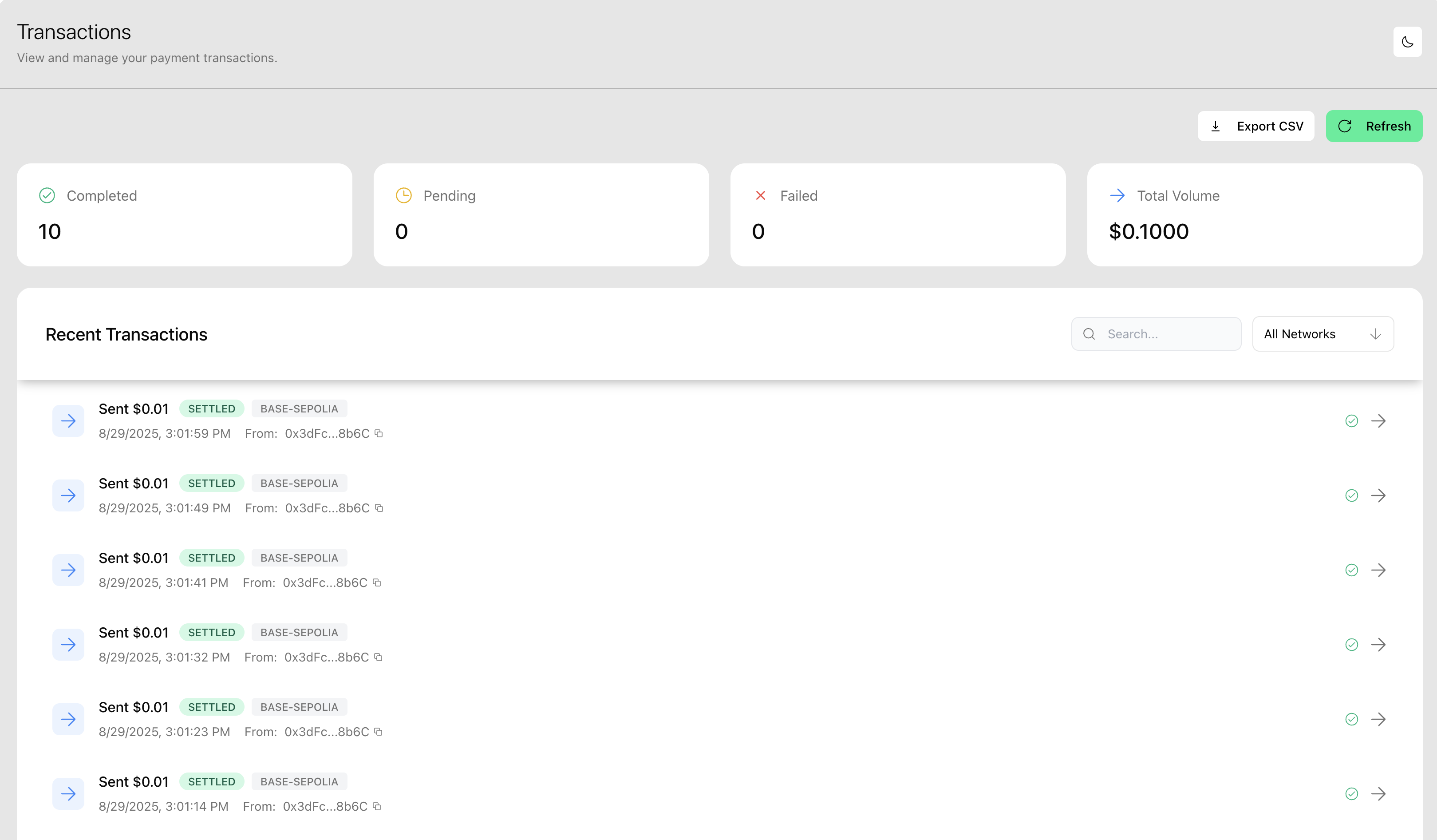 Meridian Developer Portal - Transactions Interface